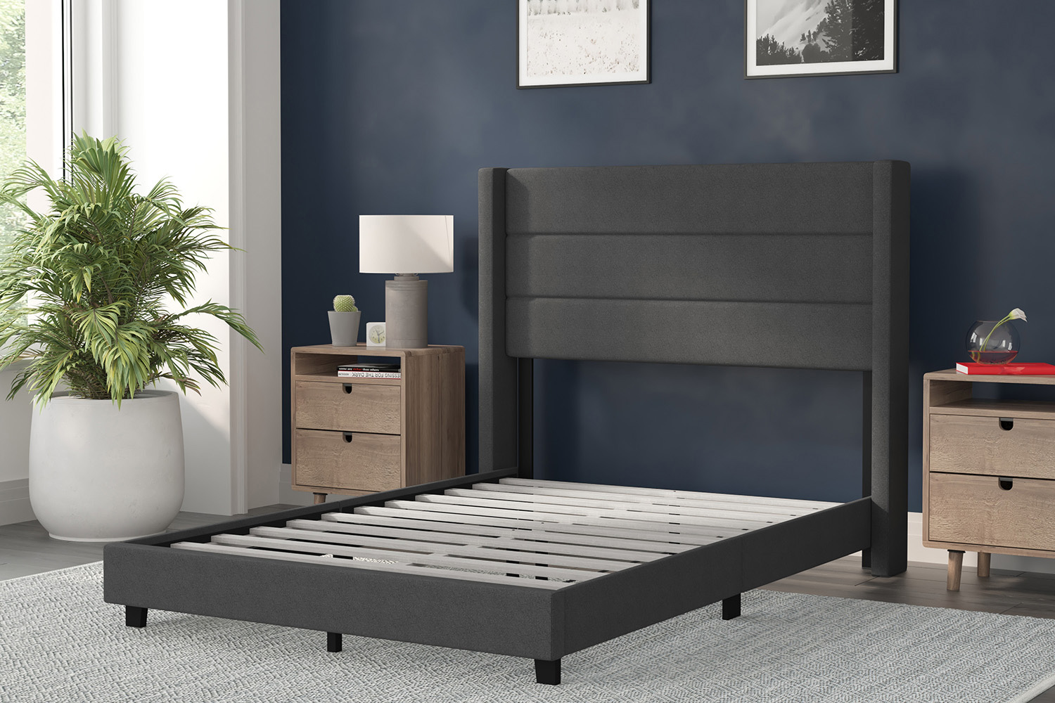 BLNK Hollis Upholstered Platform Bed with Wingback Headboard - Charcoal, Full Size