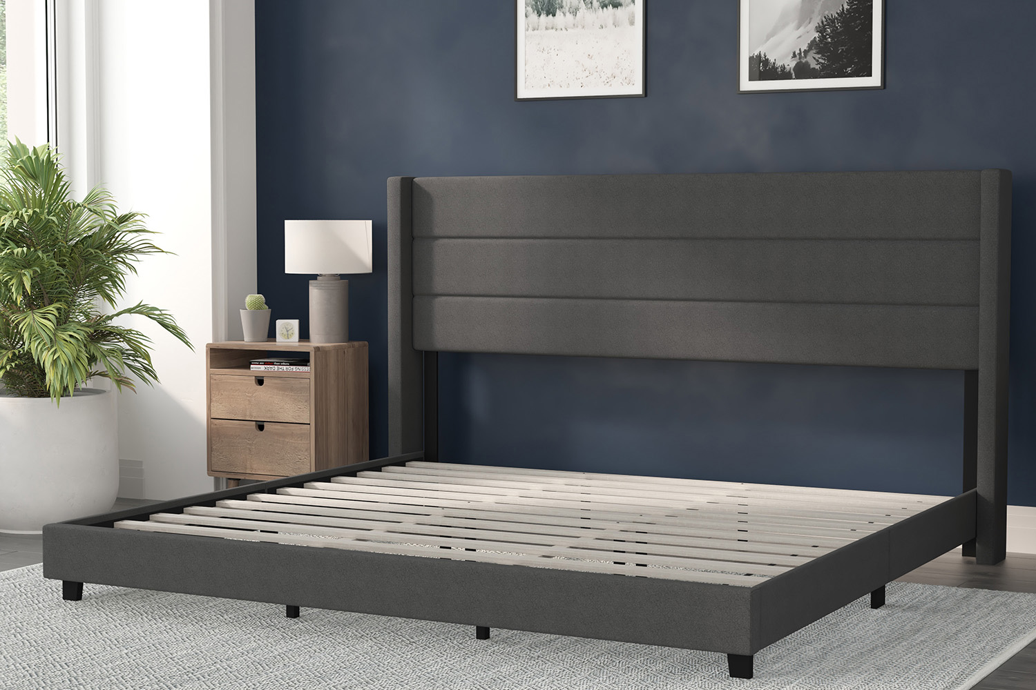 BLNK Hollis Upholstered Platform Bed with Wingback Headboard - Charcoal, King Size