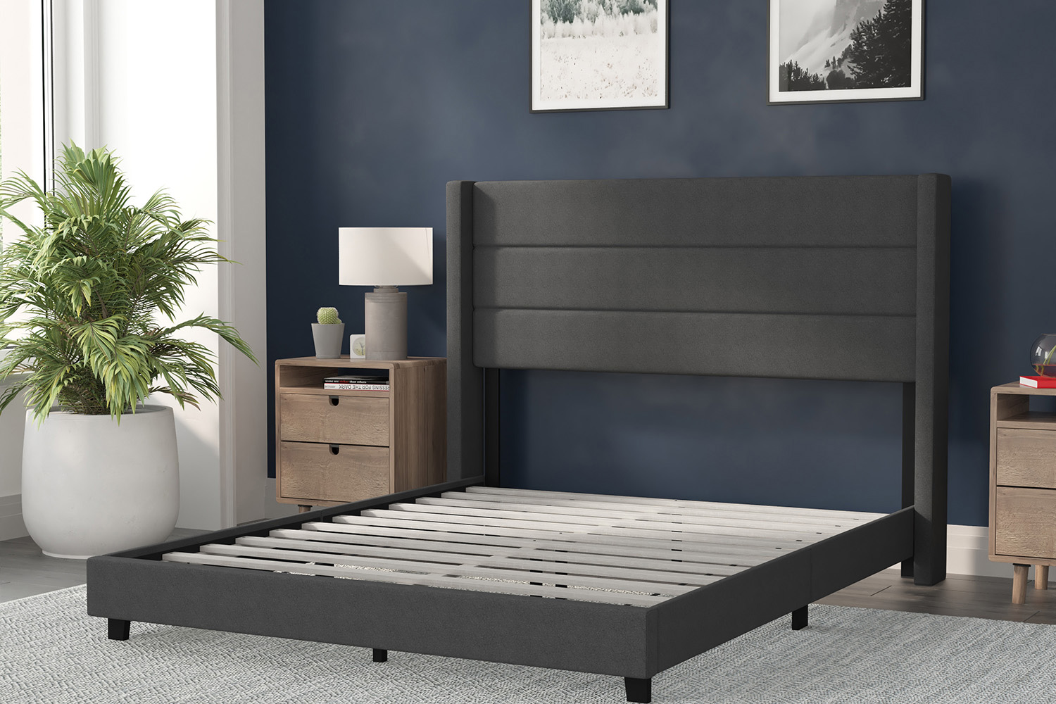 BLNK Hollis Upholstered Platform Bed with Wingback Headboard - Charcoal, Queen Size