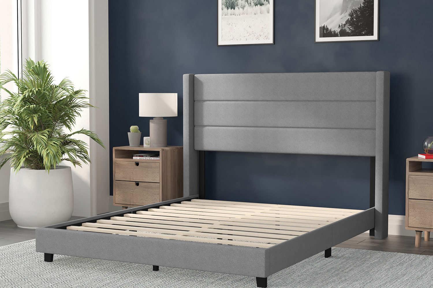 BLNK Hollis Upholstered Platform Bed with Wingback Headboard - Gray, Queen Size