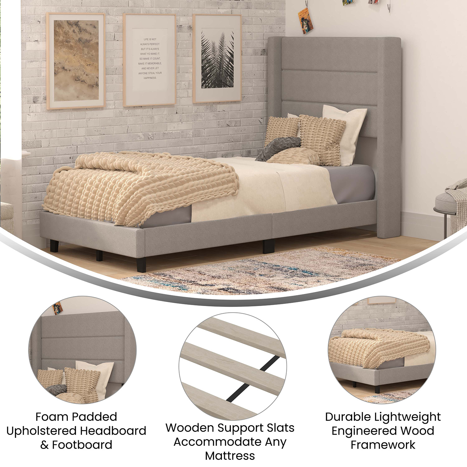 BLNK Hollis Upholstered Platform Bed with Wingback Headboard - Gray, Twin Size