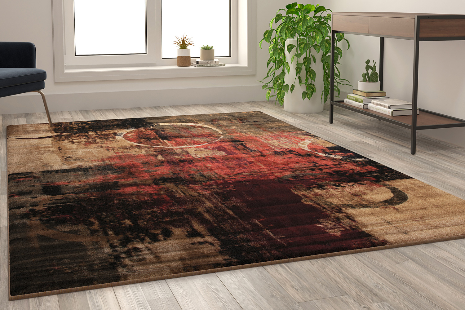 BLNK Caldor Collection Abstract Olefin Area Rug with Jute Backing - Warm Beige/Green/Red, 6'W x 9'L