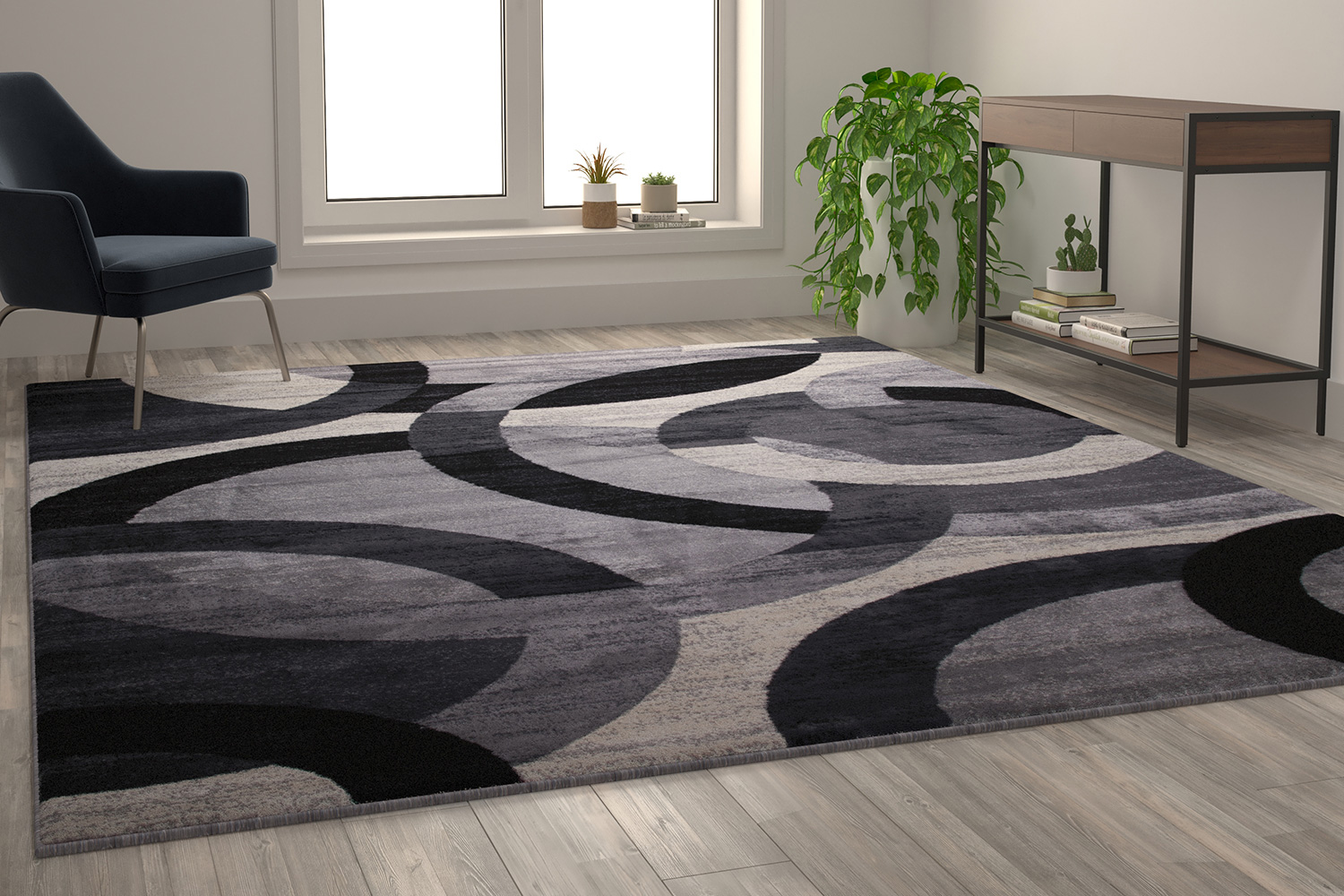 BLNK Harken Collection Geometric Olefin Area Rug with Jute Backing - Black/Gray, 8'W x 10'L