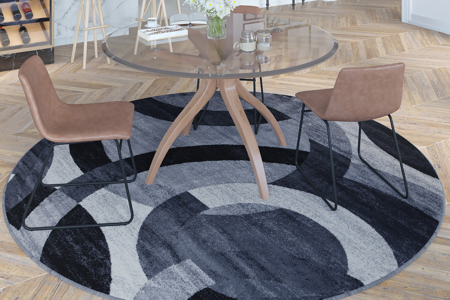 BLNK Harken Collection Geometric Round Olefin Area Rug with Jute Backing - Black/Gray, 8'W x 8'L