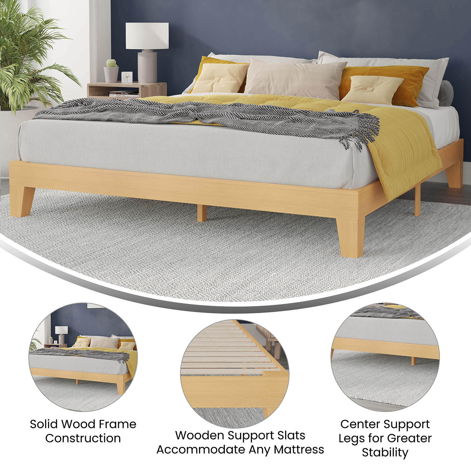 BLNK Evelyn Wood Platform Bed with Wooden Support Slats - Natural Pine, King Size