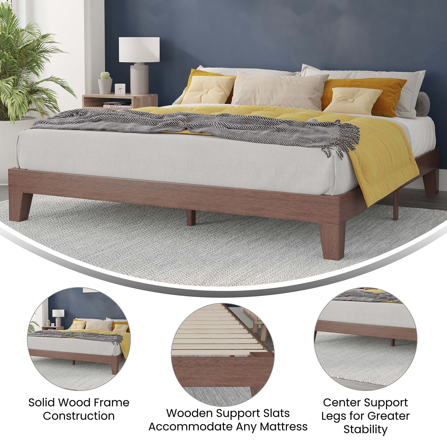 BLNK Evelyn Wood Platform Bed with Wooden Support Slats - Walnut, King Size