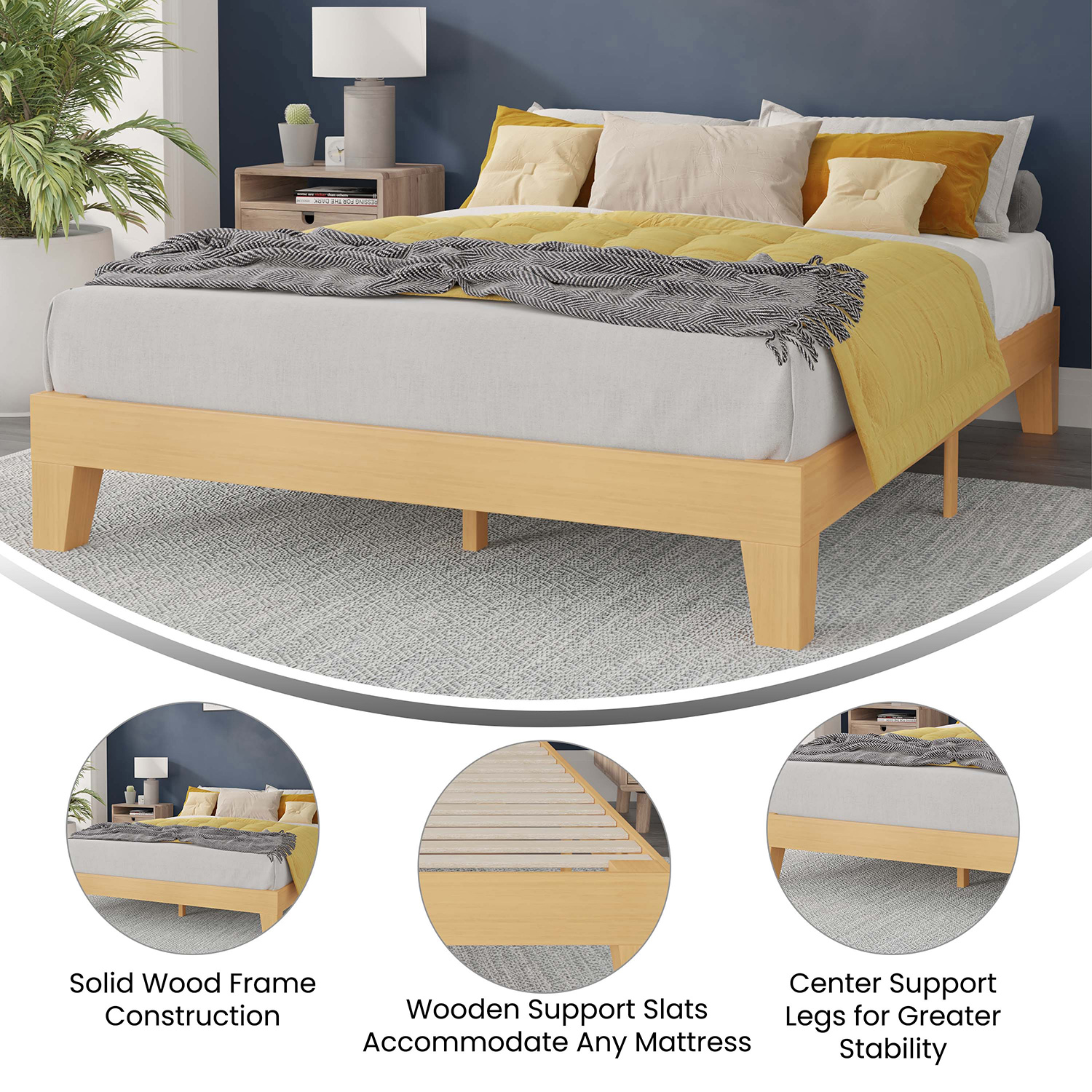 BLNK Evelyn Wood Platform Bed with Wooden Support Slats - Natural Pine, Queen Size