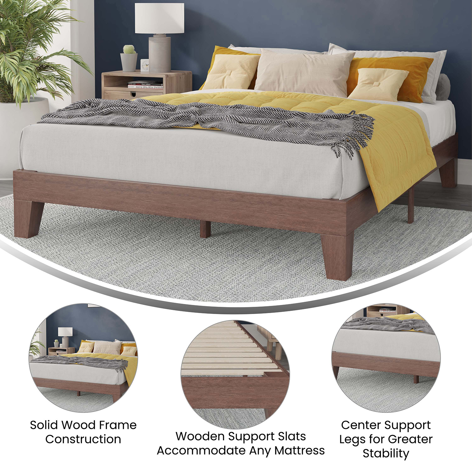 BLNK Evelyn Wood Platform Bed with Wooden Support Slats - Walnut, Queen Size