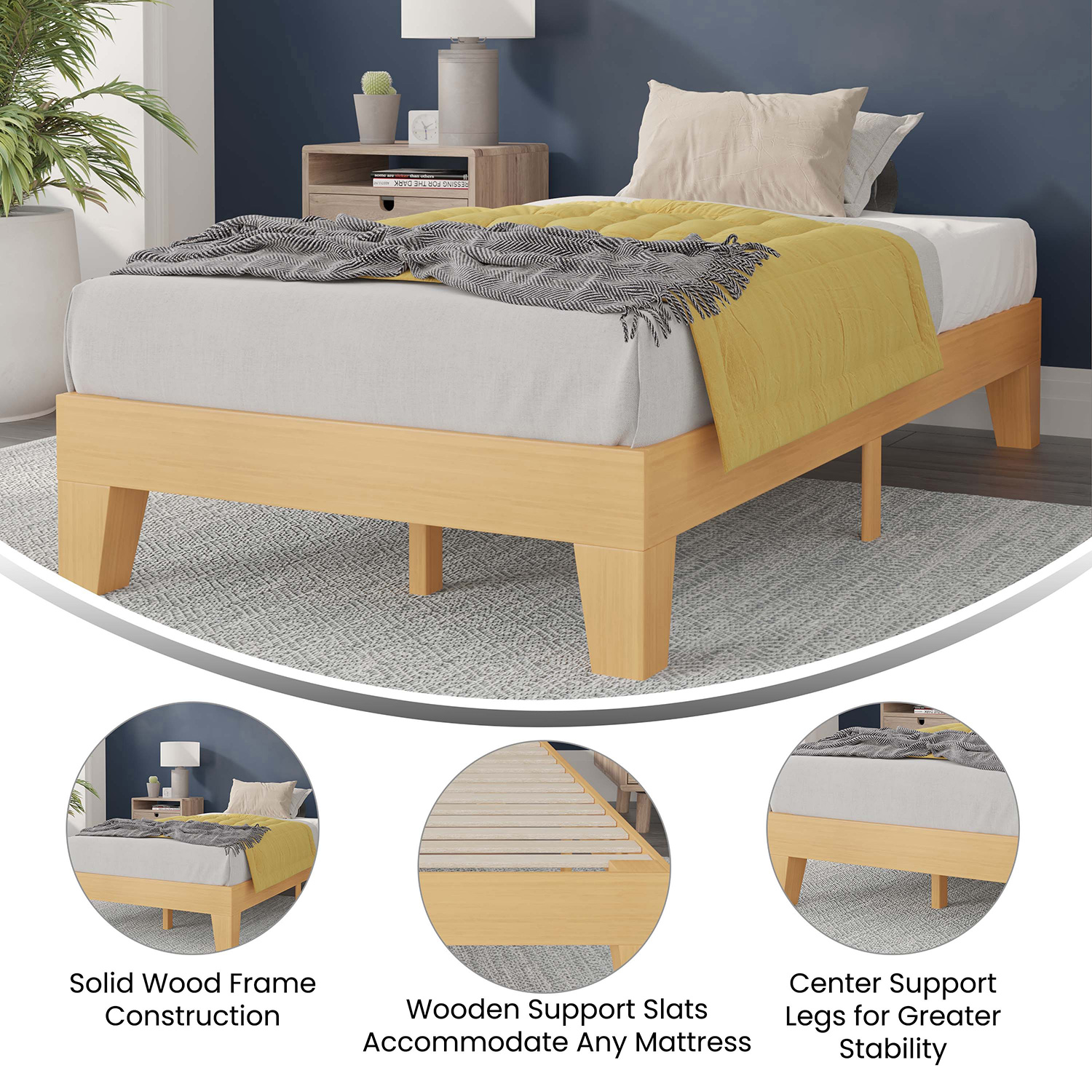 BLNK Evelyn Wood Platform Bed with Wooden Support Slats - Natural Pine, Twin Size