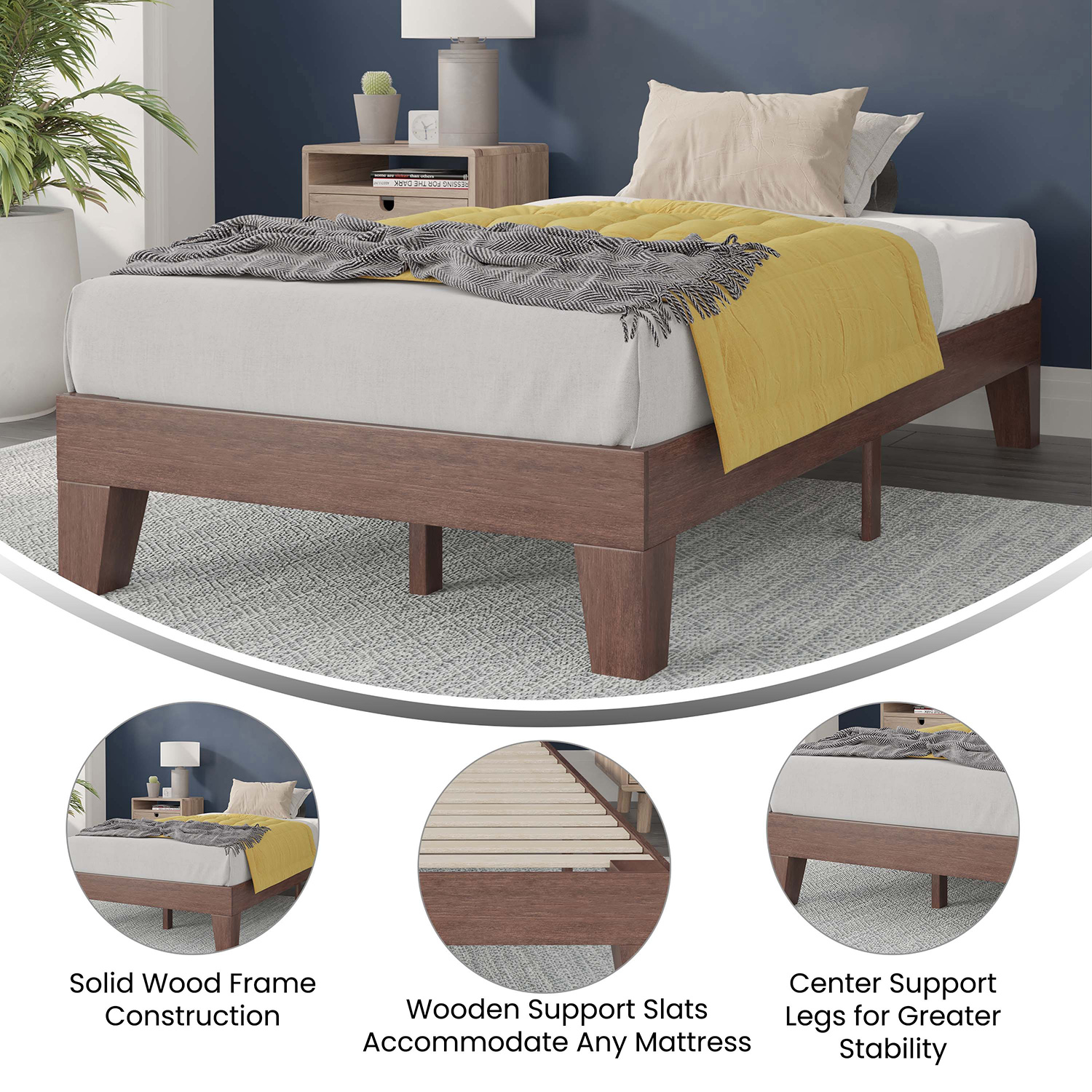 BLNK Evelyn Wood Platform Bed with Wooden Support Slats - Walnut, Twin Size