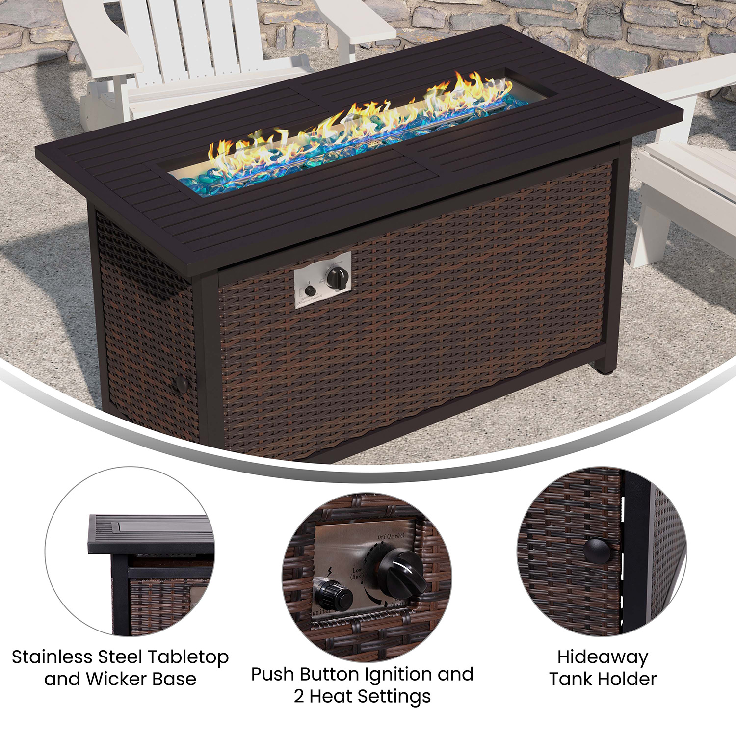 BLNK Olympia Outdoor 50000 BTU Propane Gas Firepit Table with Stainless Steel Tabletop - 45"W