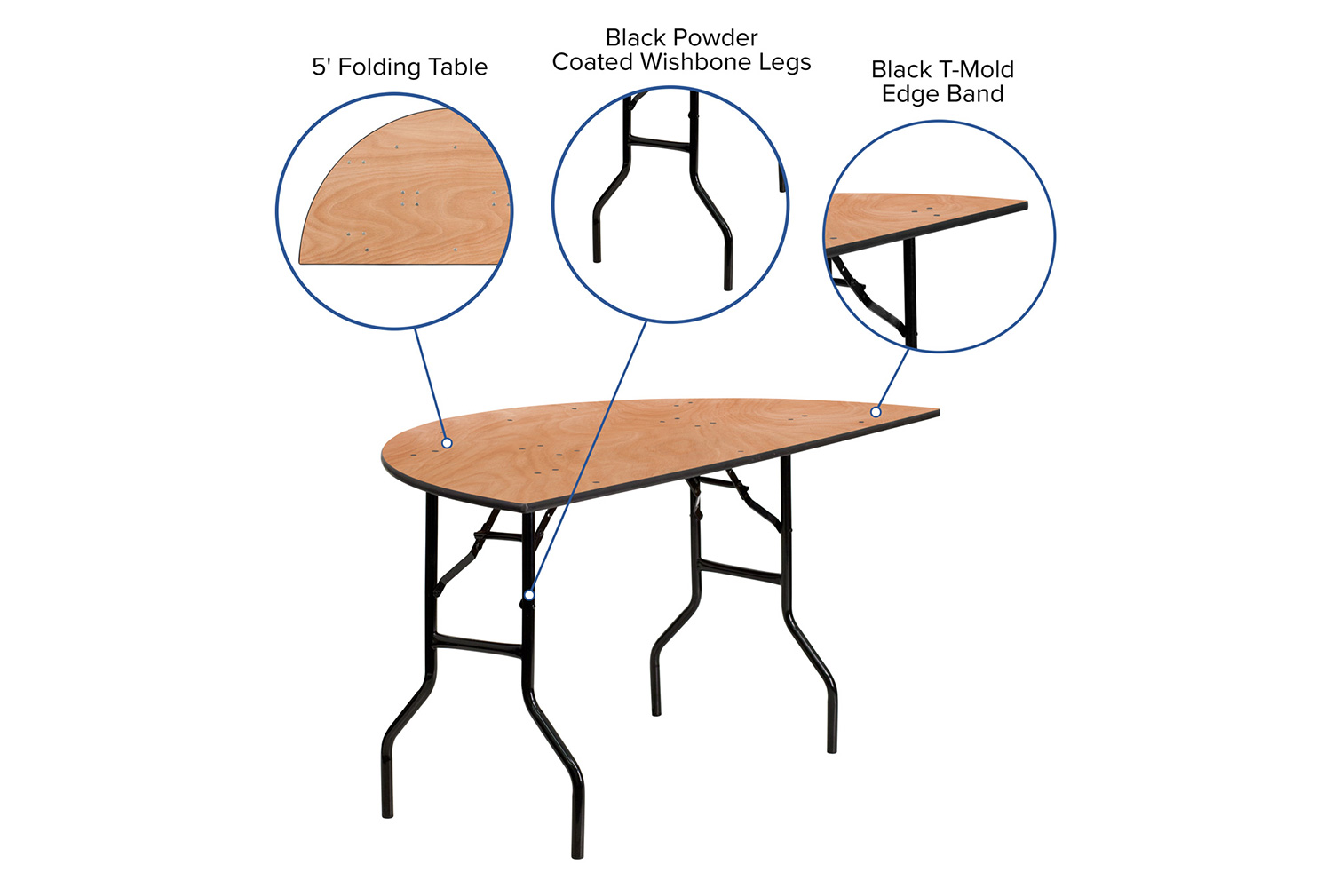 BLNK Furman Round Wood Half-Round Folding Banquet Table - 5'D