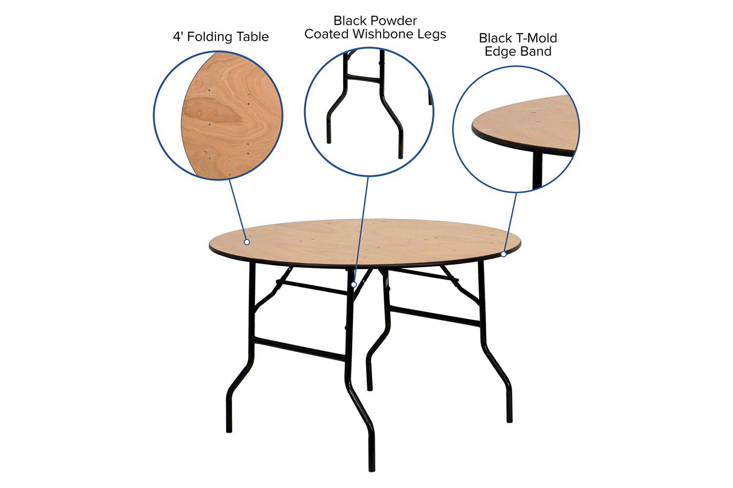 BLNK Furman Round Wood Folding Banquet Table with Clear Coated Finished Top - 4'D