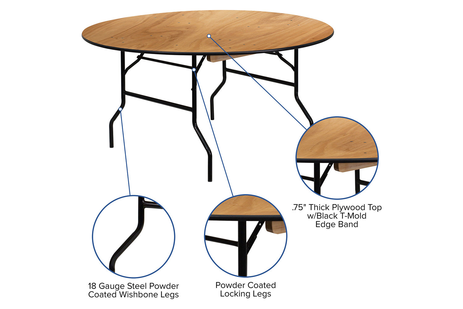 BLNK Furman Round Wood Folding Banquet Table with Clear Coated Finished Top - 5'D