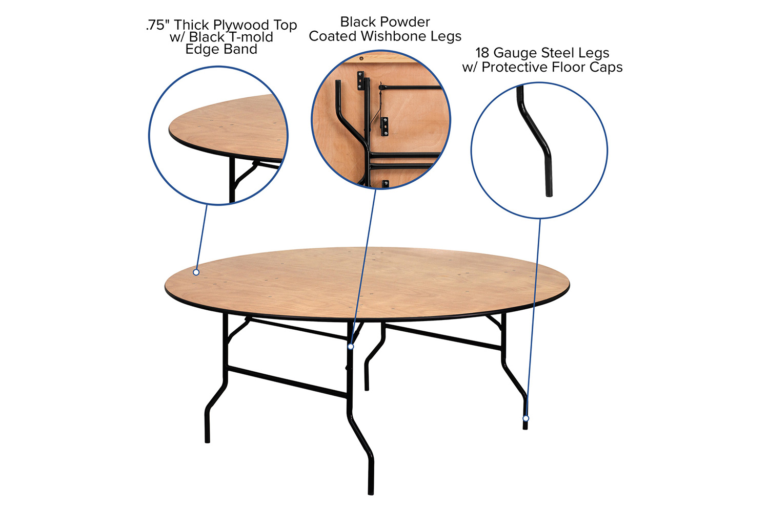 BLNK Furman Round Wood Folding Banquet Table with Clear Coated Finished Top - 6'D