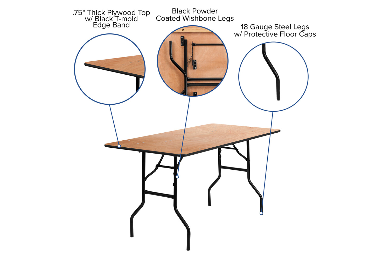 BLNK Gael Rectangular Wood Folding Banquet Table with Clear Coated Finished Top - 5'W x 2.5'L