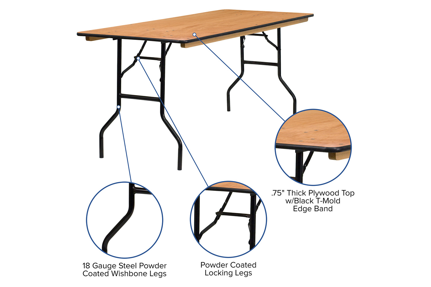 BLNK Gael Rectangular Wood Folding Banquet Table with Clear Coated Finished Top - 6'W x 2.5'L