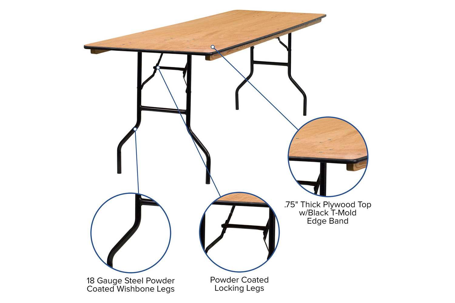 BLNK Gael Rectangular Wood Folding Banquet Table with Clear Coated Finished Top - 2.5'W x 8'L