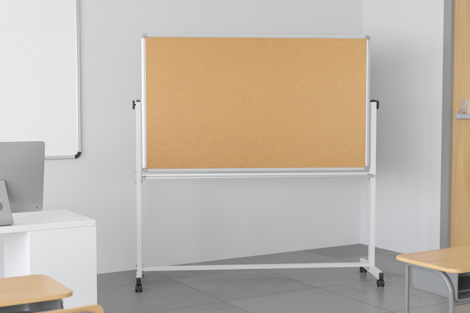 BLNK HERCULES Series Reversible Mobile Cork Bulletin Board and White Board with Pen Tray