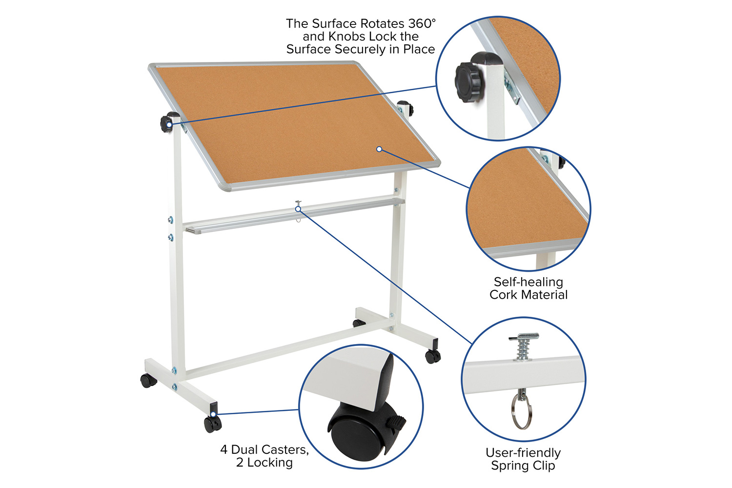 BLNK HERCULES Series Reversible Mobile Cork Bulletin Board and White Board with Pen Tray - 45.25"W x 54.75"H