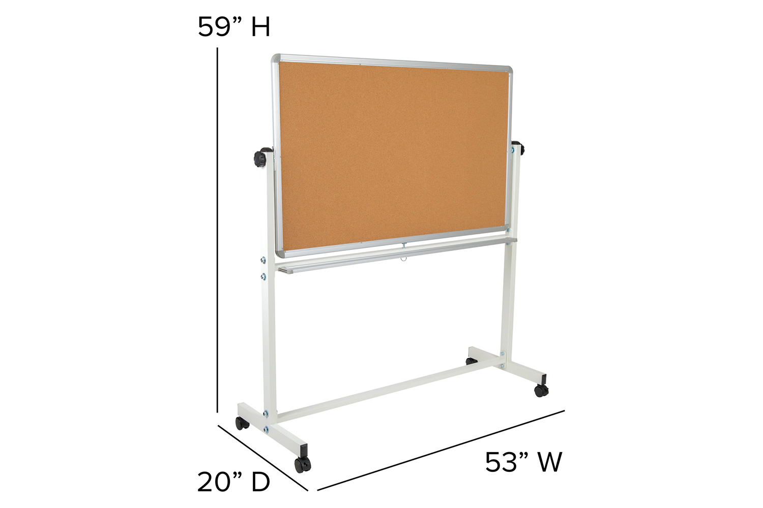 BLNK HERCULES Series Reversible Mobile Cork Bulletin Board and White Board with Pen Tray - 53"W x 59"H