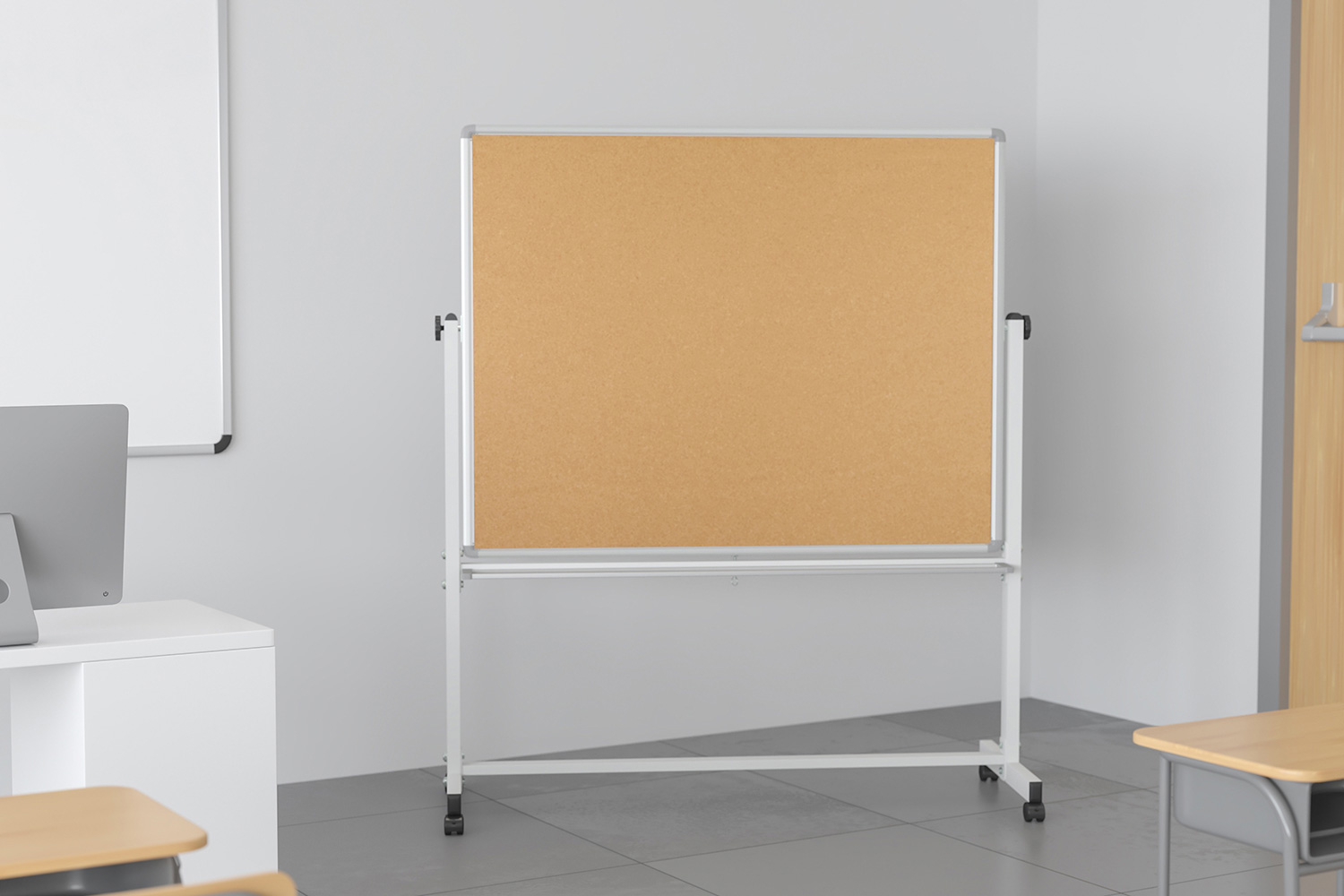 BLNK HERCULES Series Reversible Mobile Cork Bulletin Board and White Board with Pen Tray