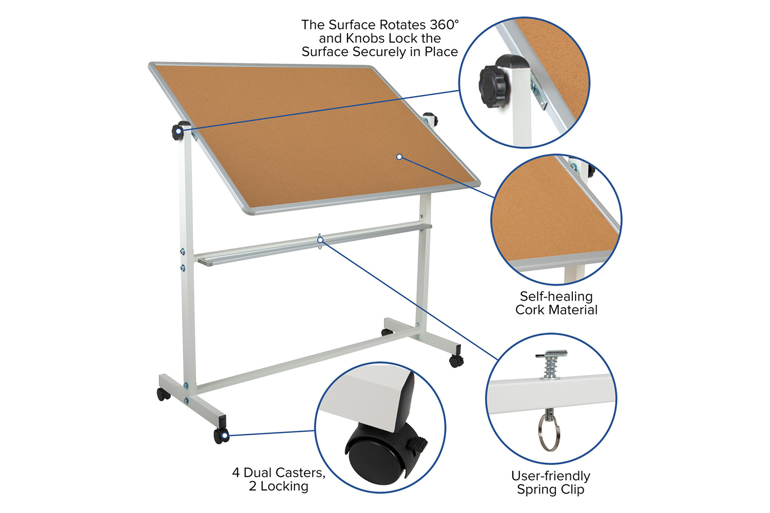 BLNK HERCULES Series Reversible Mobile Cork Bulletin Board and White Board with Pen Tray - 53"W x 62.5"H