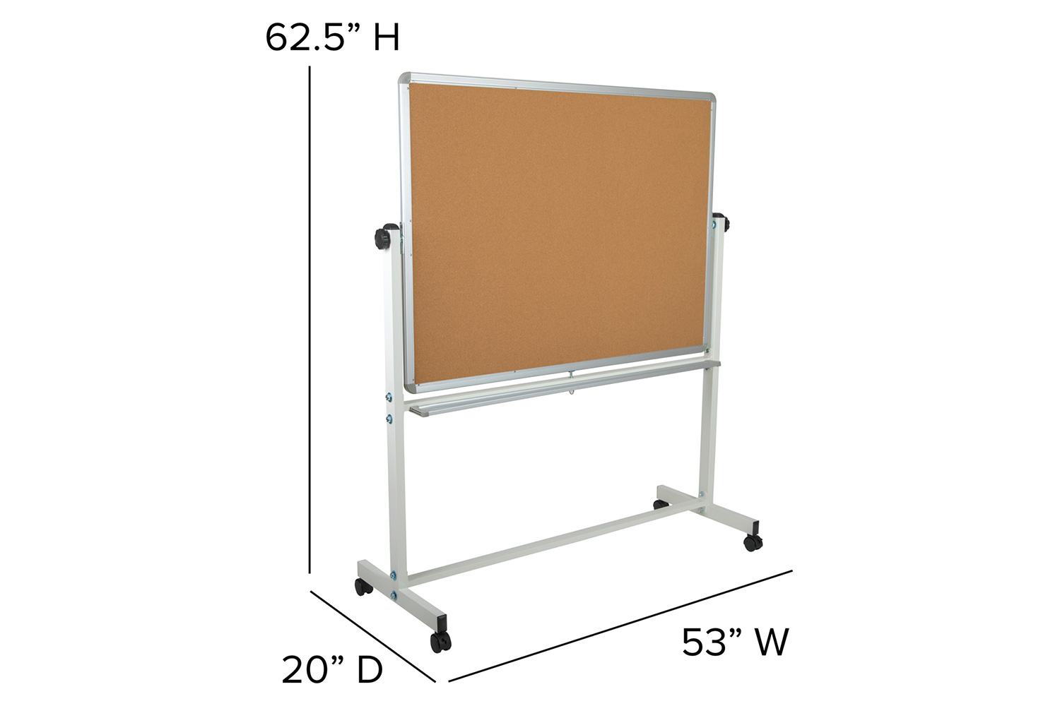 BLNK HERCULES Series Reversible Mobile Cork Bulletin Board and White Board with Pen Tray - 53"W x 62.5"H