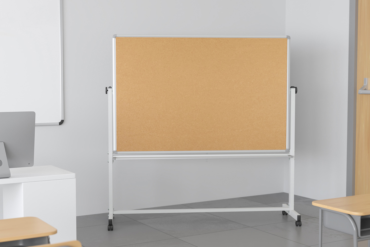 BLNK HERCULES Series Reversible Mobile Cork Bulletin Board and White Board with Pen Tray