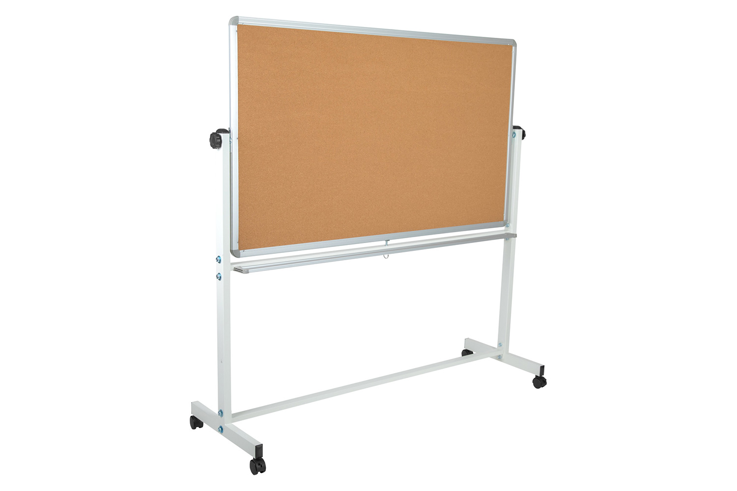 BLNK HERCULES Series Reversible Mobile Cork Bulletin Board and White Board with Pen Tray - 62.5"W x 62.25"H