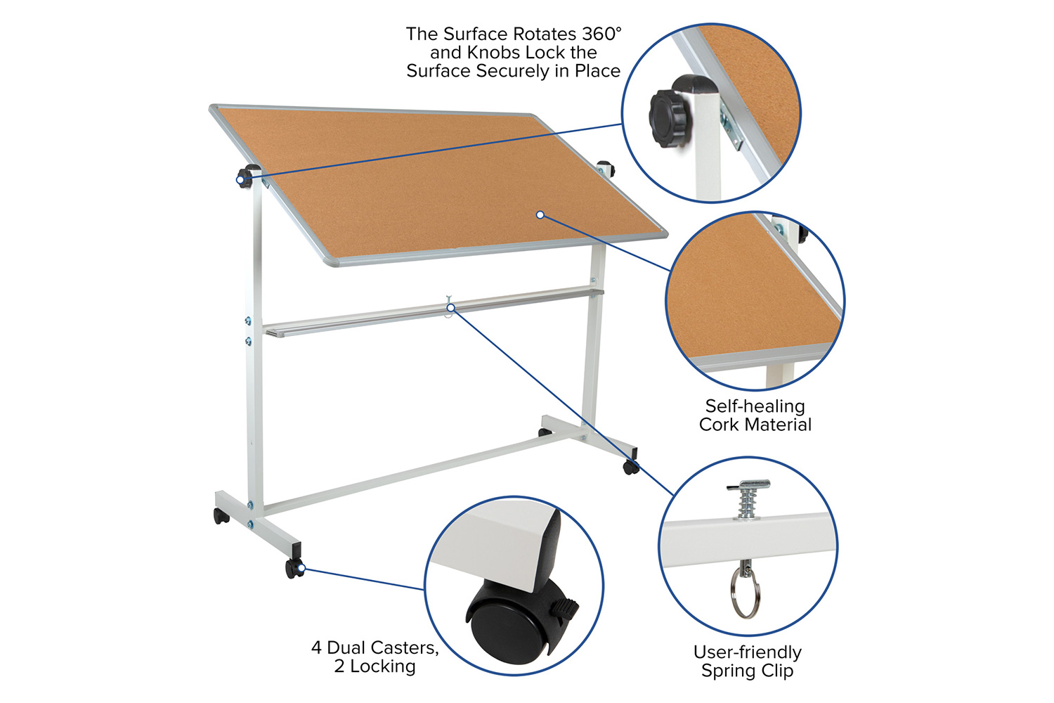 BLNK HERCULES Series Reversible Mobile Cork Bulletin Board and White Board with Pen Tray - 62.5"W x 62.25"H