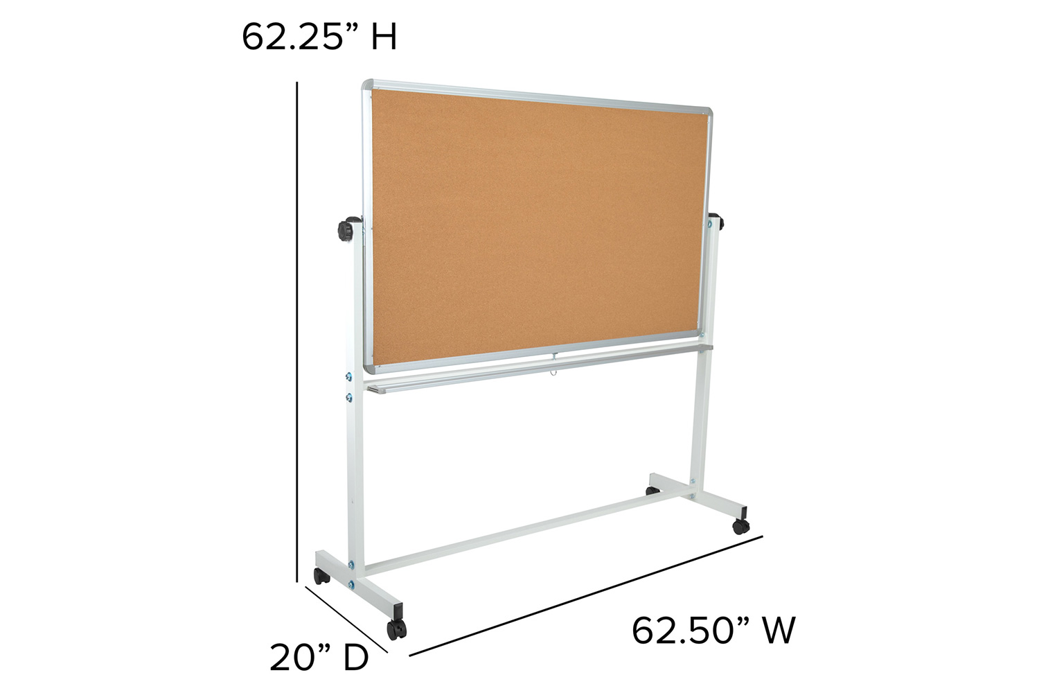 BLNK HERCULES Series Reversible Mobile Cork Bulletin Board and White Board with Pen Tray - 62.5"W x 62.25"H