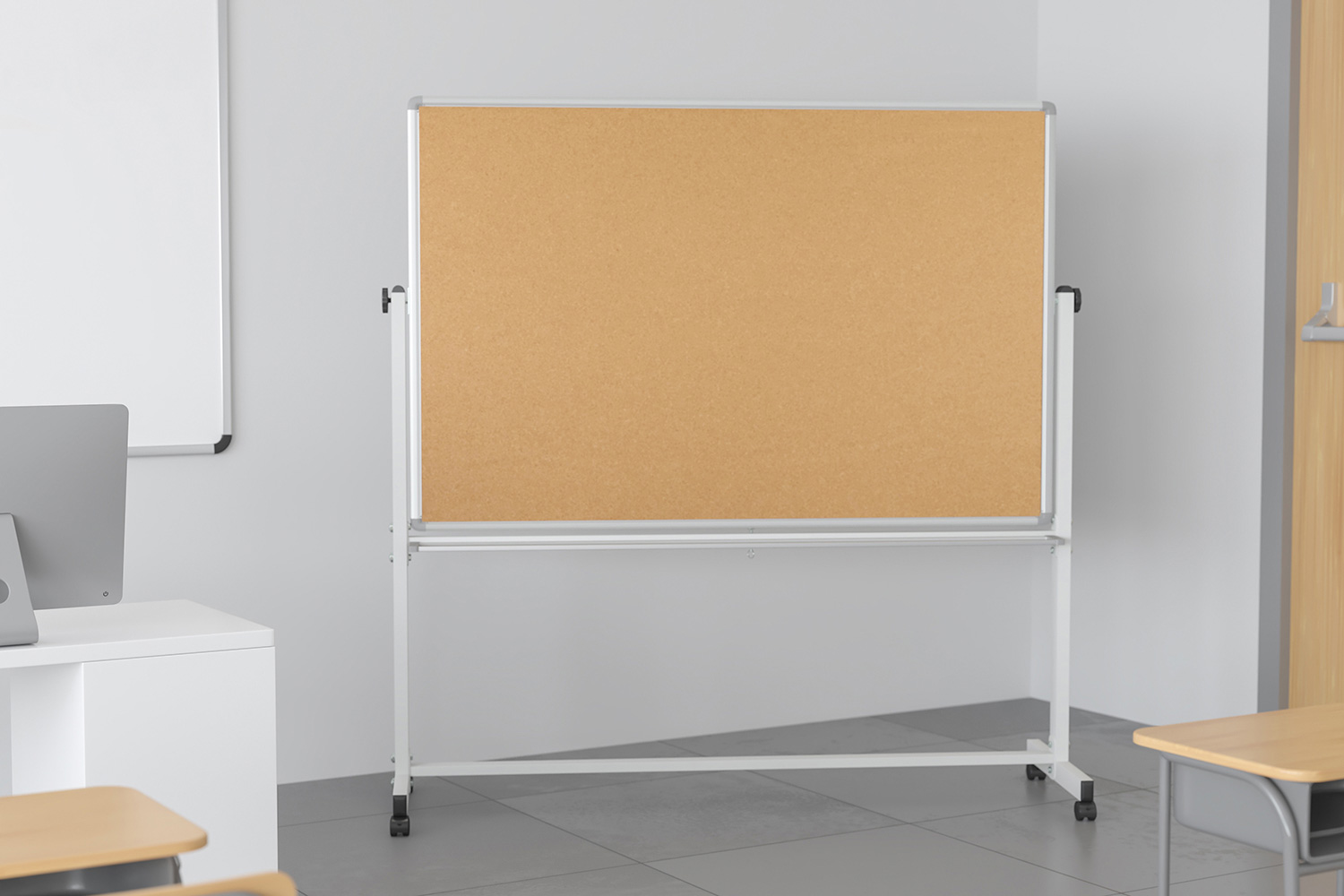 BLNK HERCULES Series Reversible Mobile Cork Bulletin Board and White Board with Pen Tray