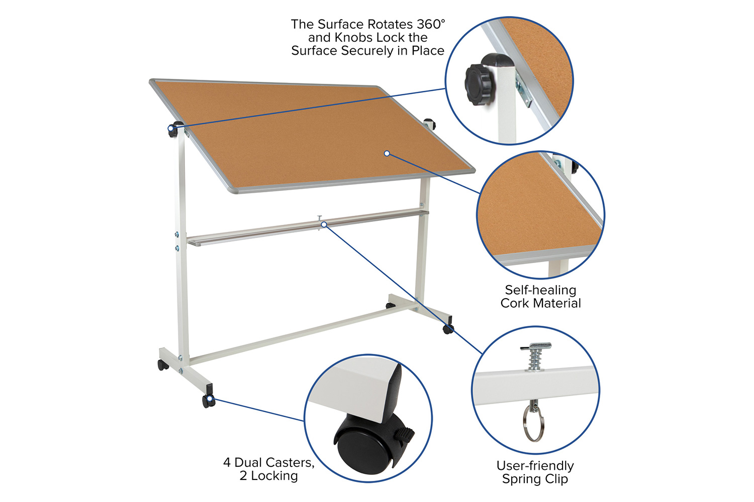 BLNK HERCULES Series Reversible Mobile Cork Bulletin Board and White Board with Pen Tray - 64.25"W x 64.75"H