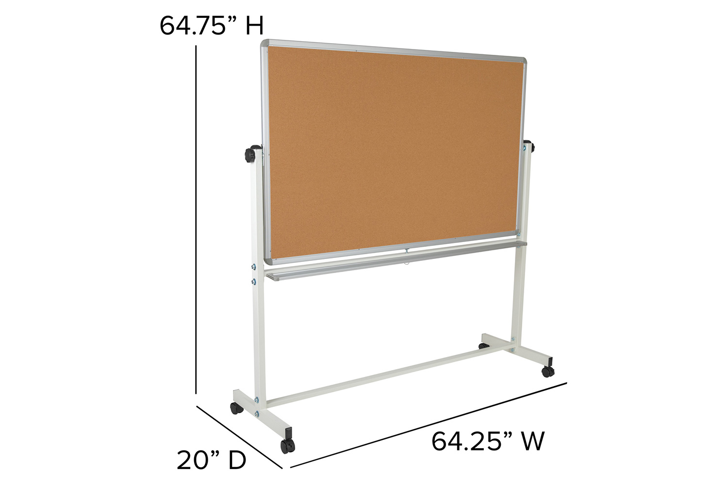 BLNK HERCULES Series Reversible Mobile Cork Bulletin Board and White Board with Pen Tray - 64.25"W x 64.75"H