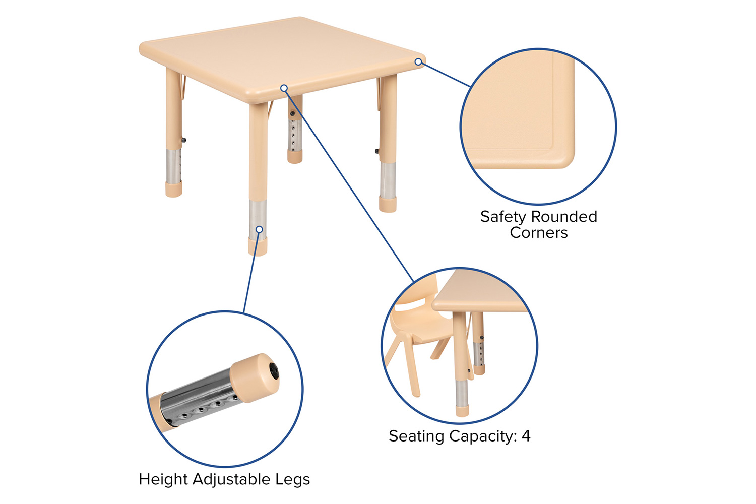 BLNK Emmy Square Plastic Height Adjustable Activity Table Set - Natural, 24"W, with 2 Chairs