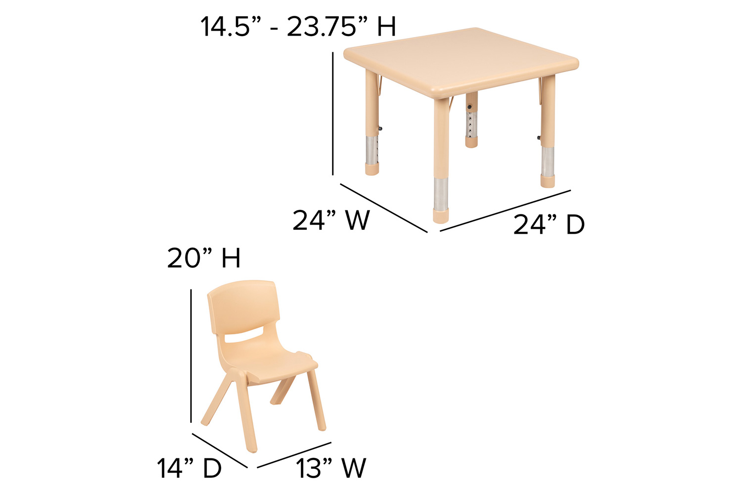 BLNK Emmy Square Plastic Height Adjustable Activity Table Set - Natural, 24"W, with 2 Chairs