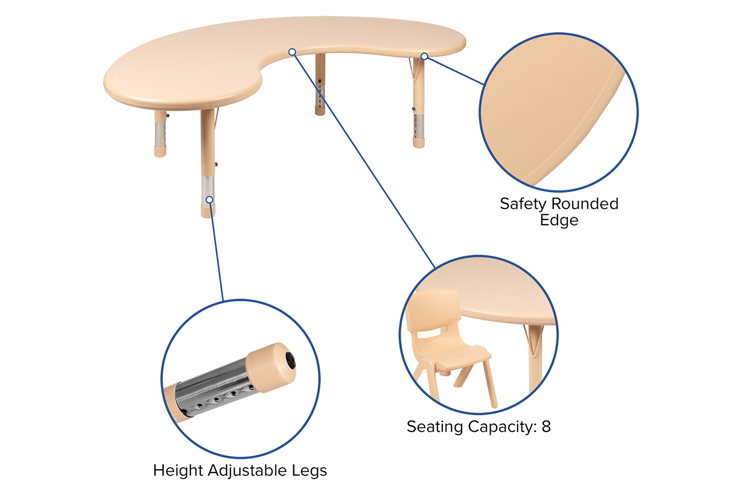 BLNK™ Wren Half-Moon Plastic Height Adjustable Activity Table - Natural