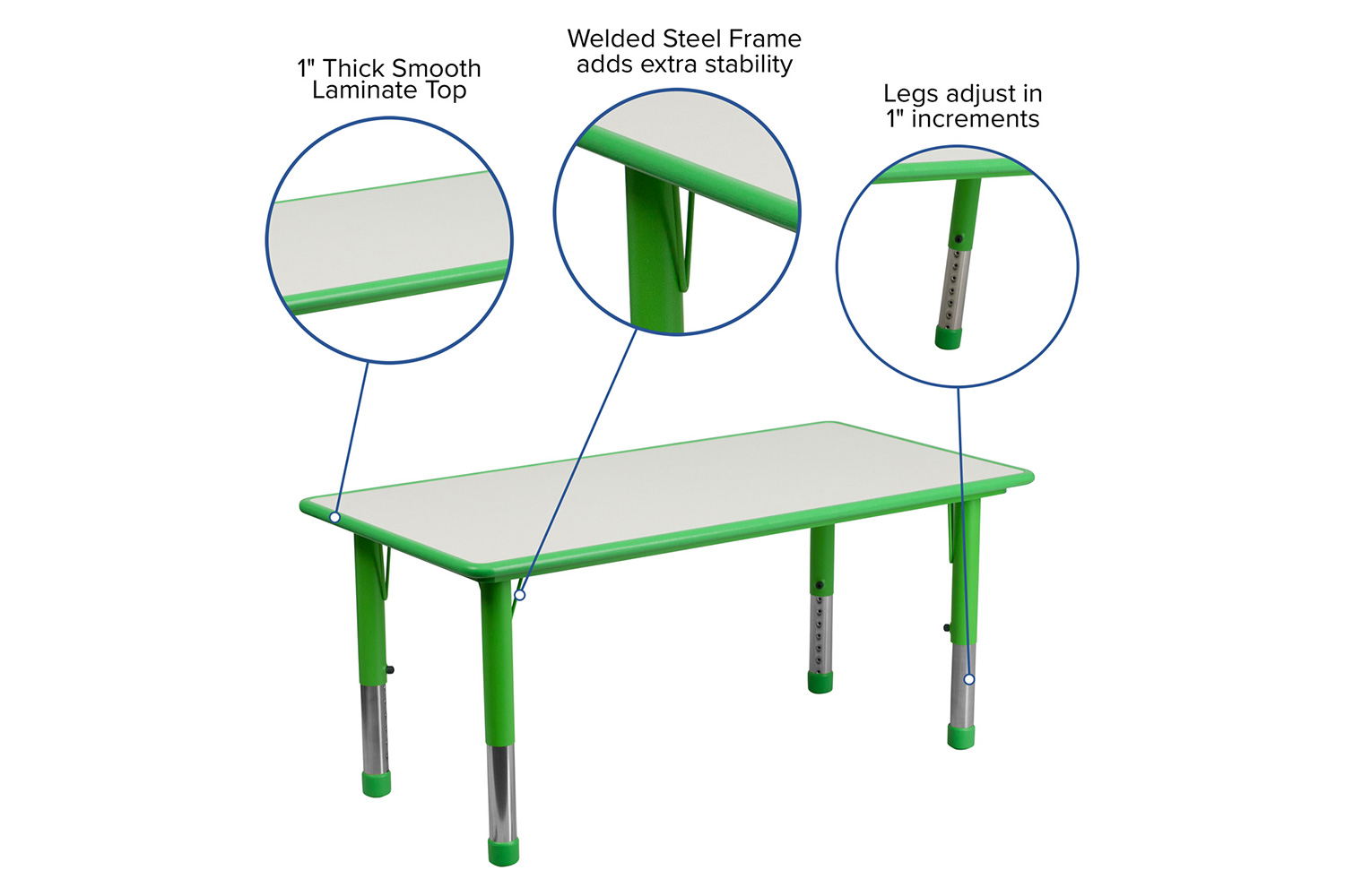 BLNK Wren Rectangular Plastic Height Adjustable Activity Table with Gray Top - Green, 23.625"W x 47.25"L