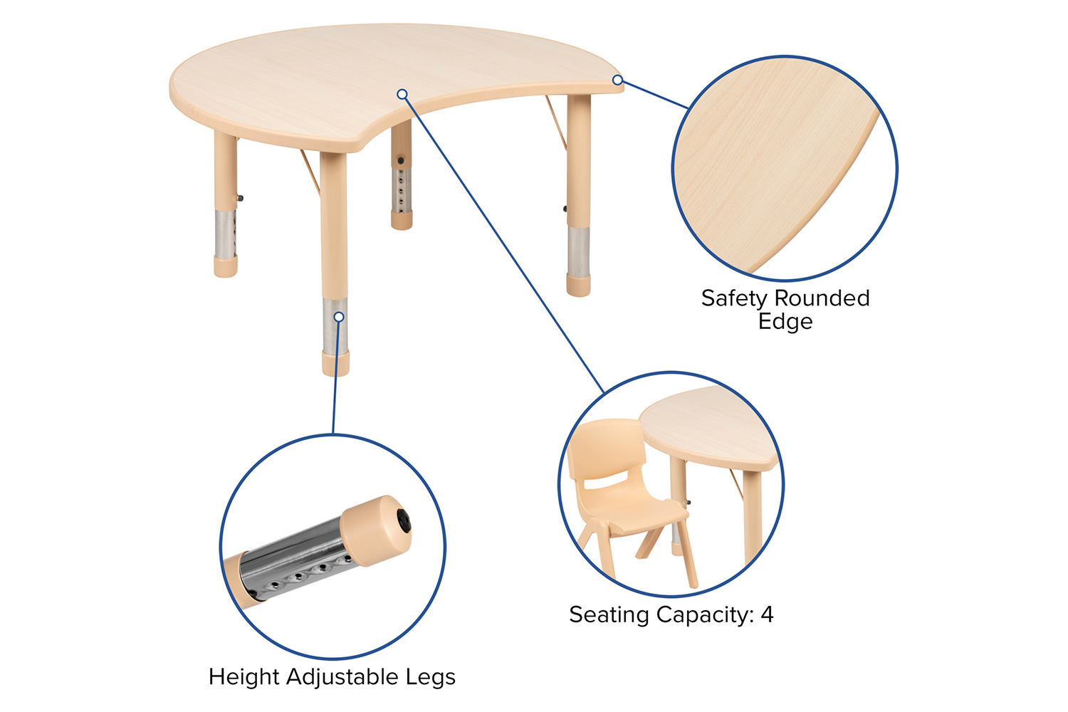 BLNK - Wren Crescent Natural Plastic Height Adjustable Activity Table