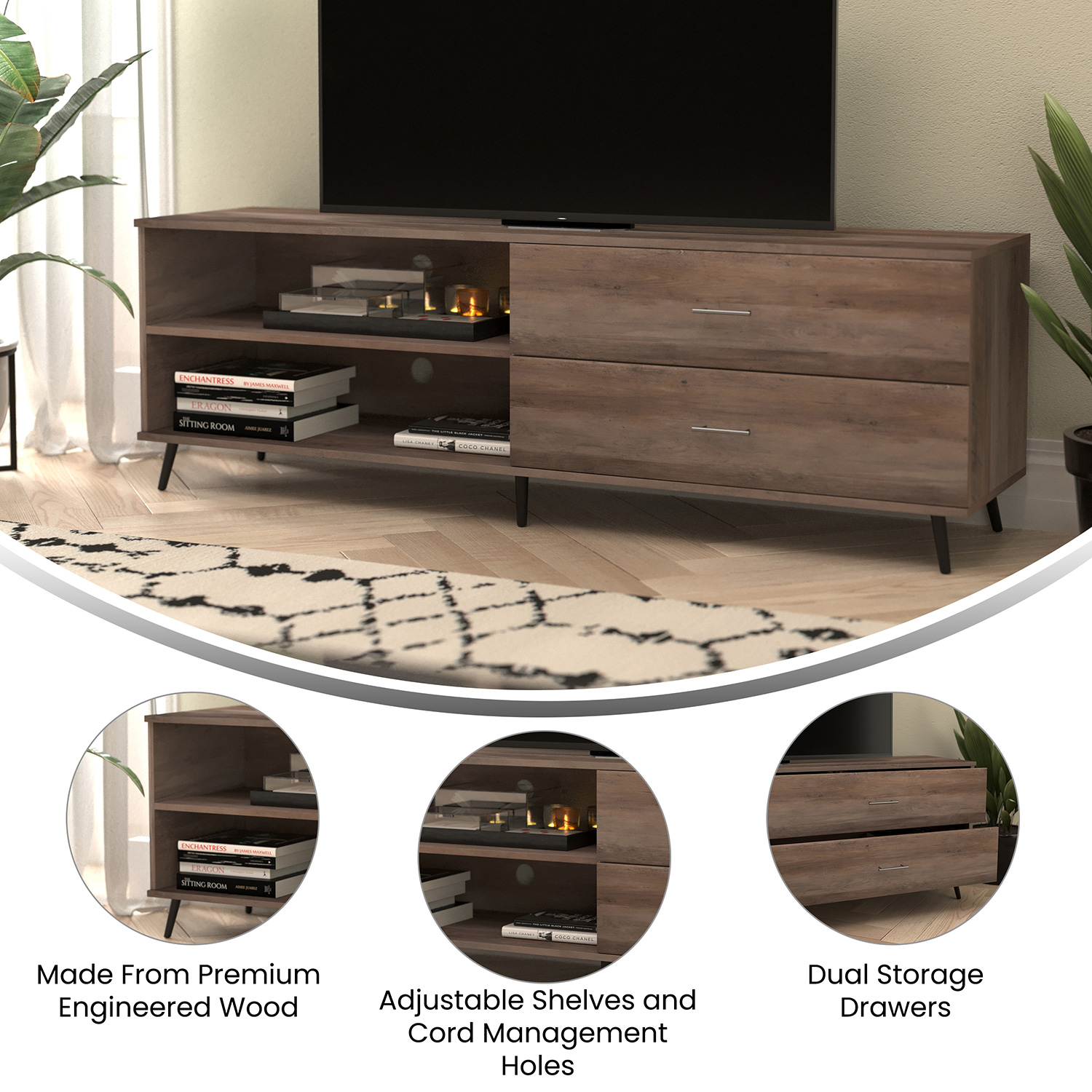 BLNK Nelson Mid Century Modern TV Stand for up to 60" TV's with Adjustable Shelf and Storage Drawers - Walnut