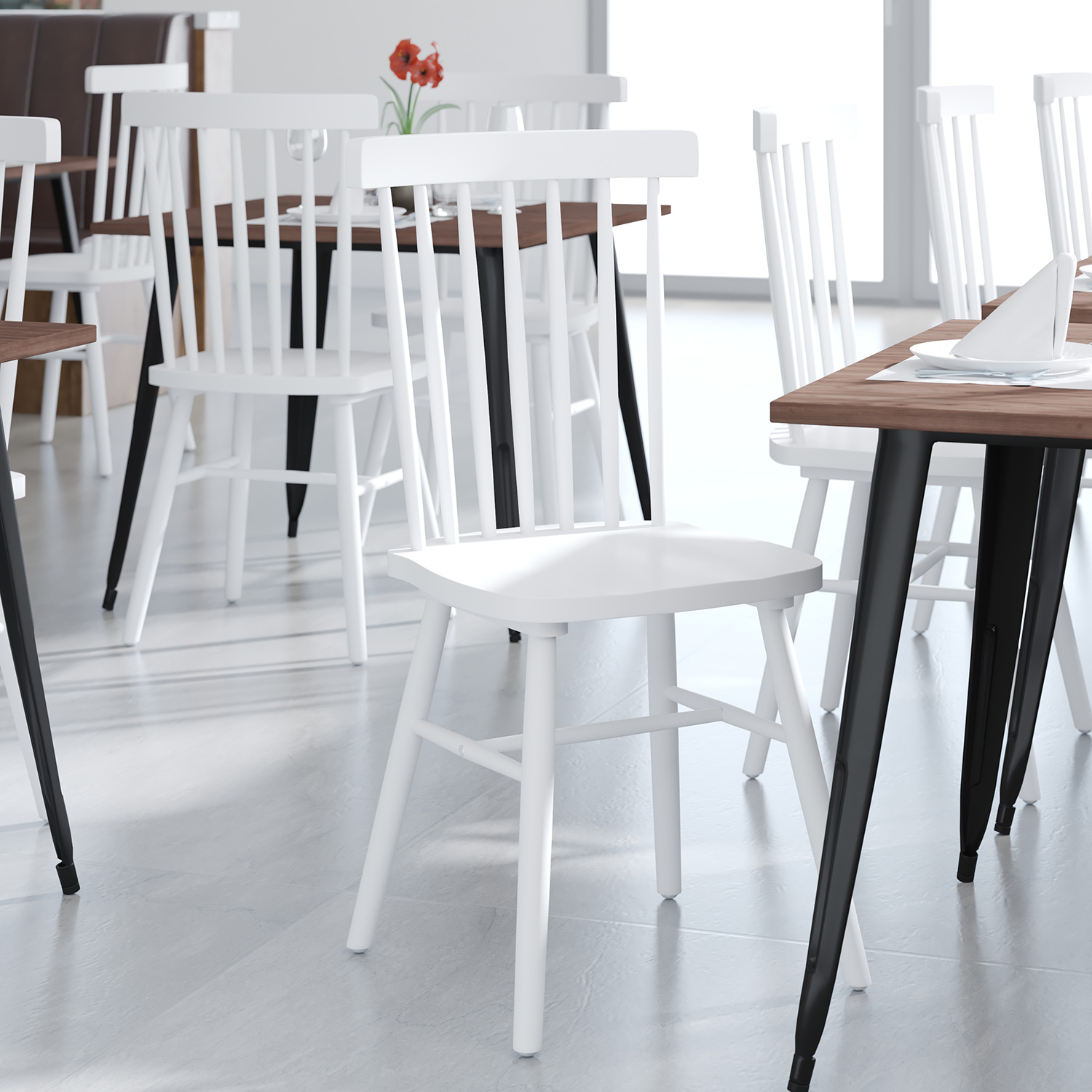 BLNK™ Ingrid Commercial Windsor Dining Chairs, Solid Wood Armless Spindle Back Restaurant Dining Chairs Set of 2 - White