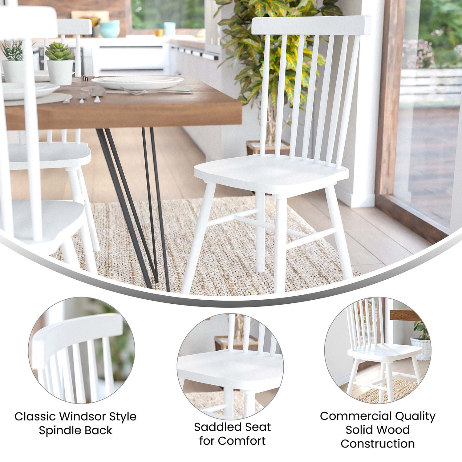 BLNK™ Ingrid Commercial Windsor Dining Chairs, Solid Wood Armless Spindle Back Restaurant Dining Chairs Set of 2 - White