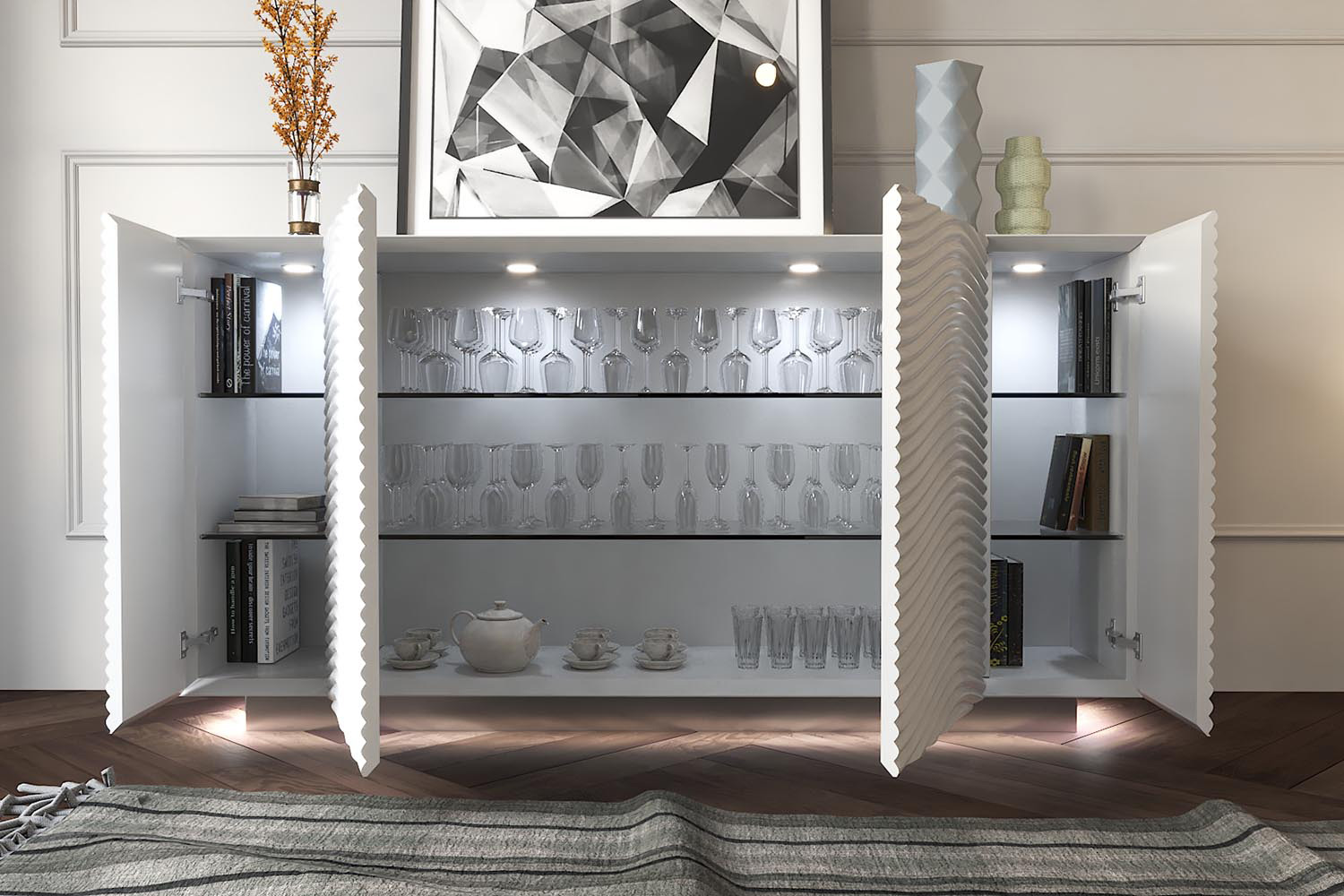 Franco Wave 4 Door Buffet With Light - White/Silver