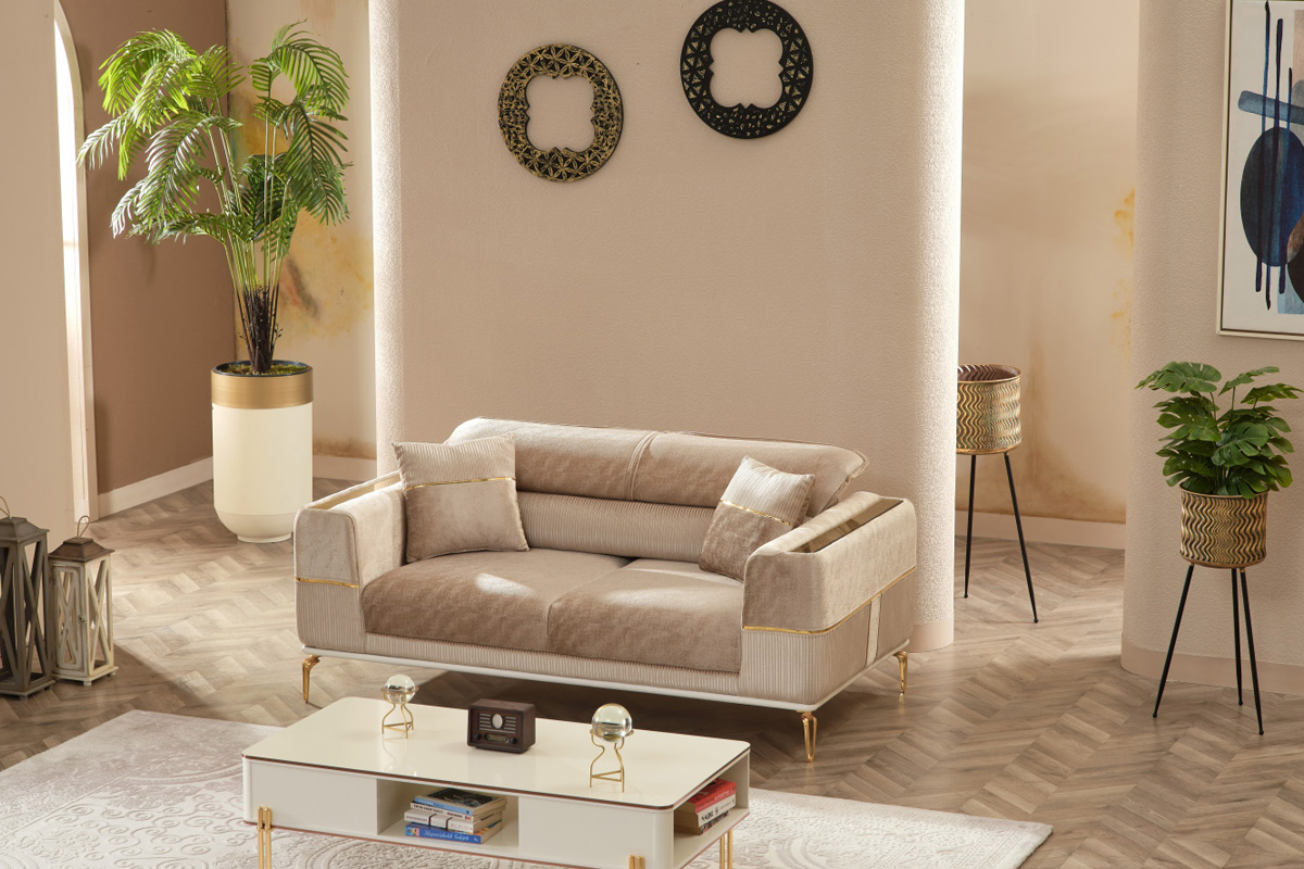 Furnia - Berlin Stationary Loveseat in Beige, Fabric