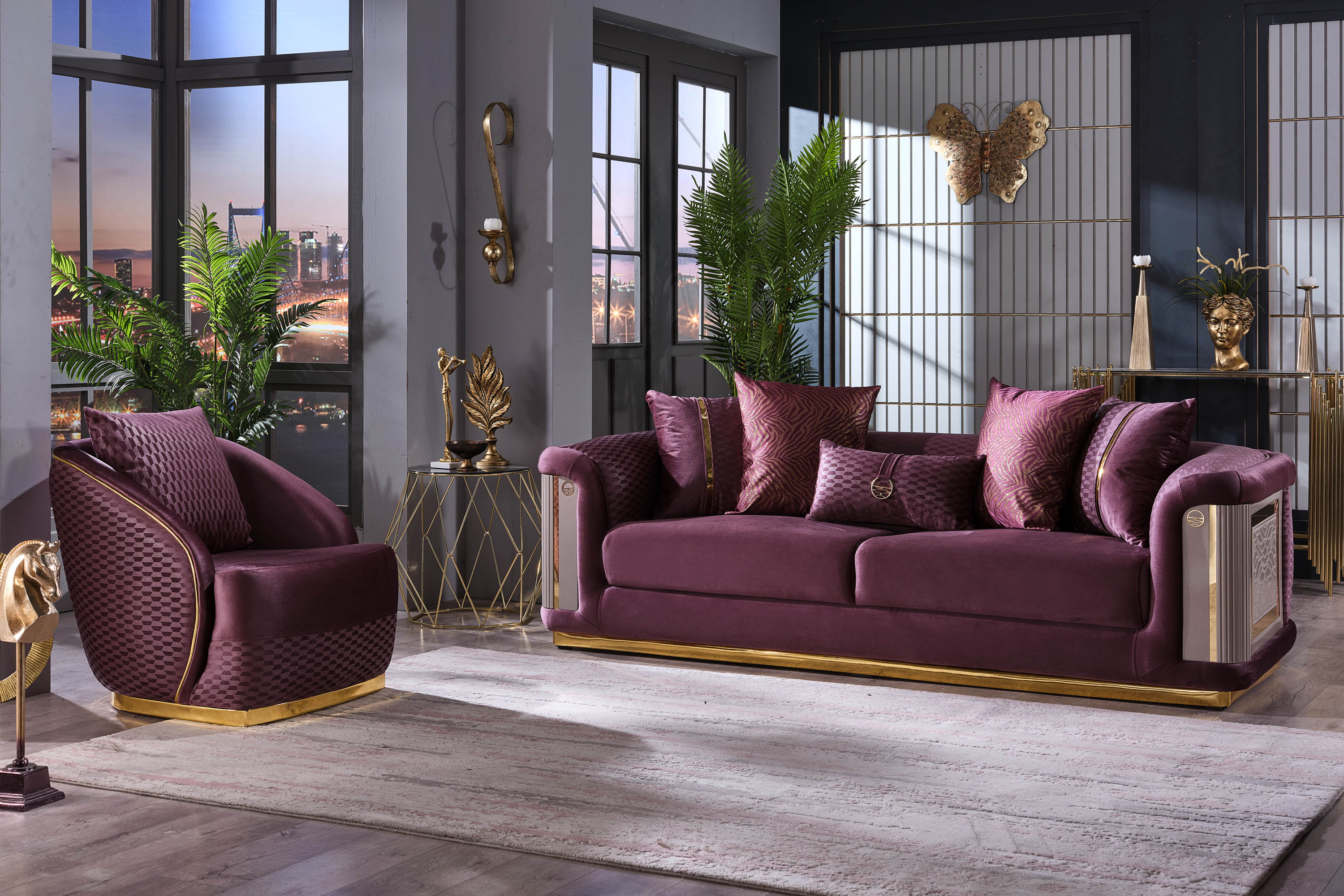 Furnia Elegance Stationary Sofa - Fuscia, Fabric