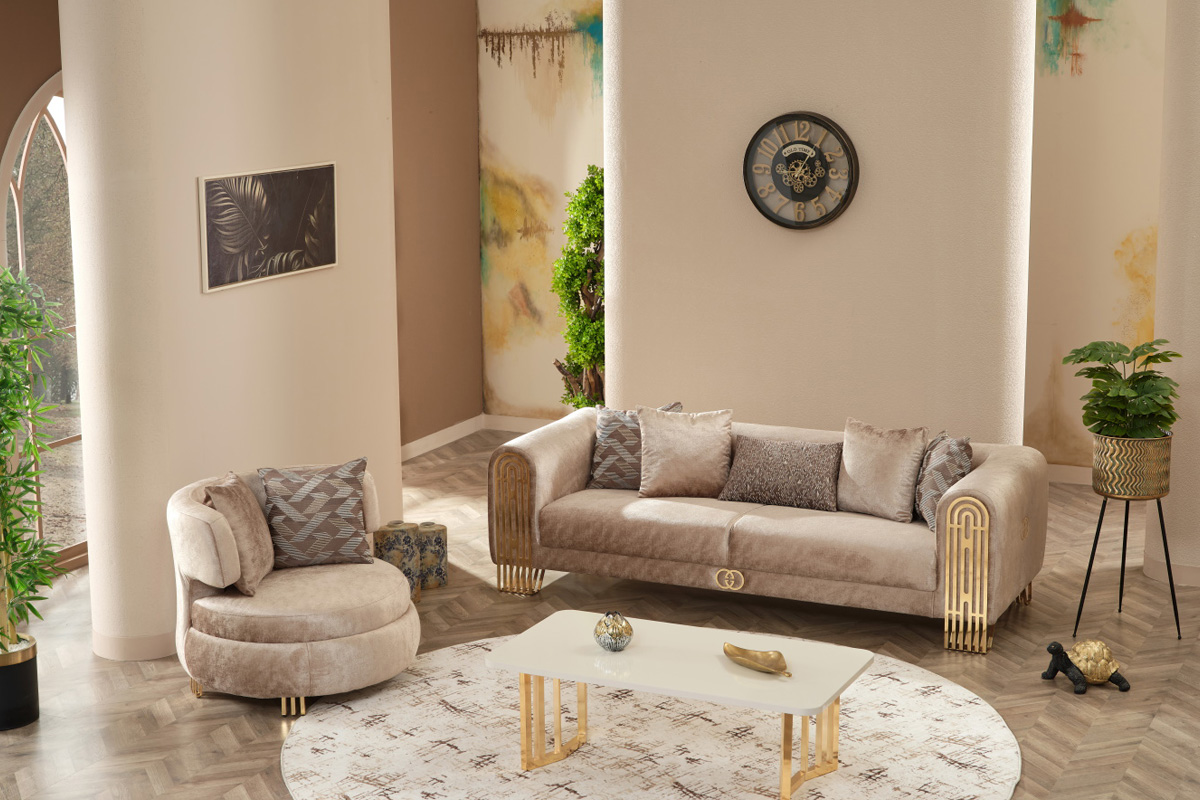 Furnia - Monaco Stationary Loveseat in Beige, Fabric