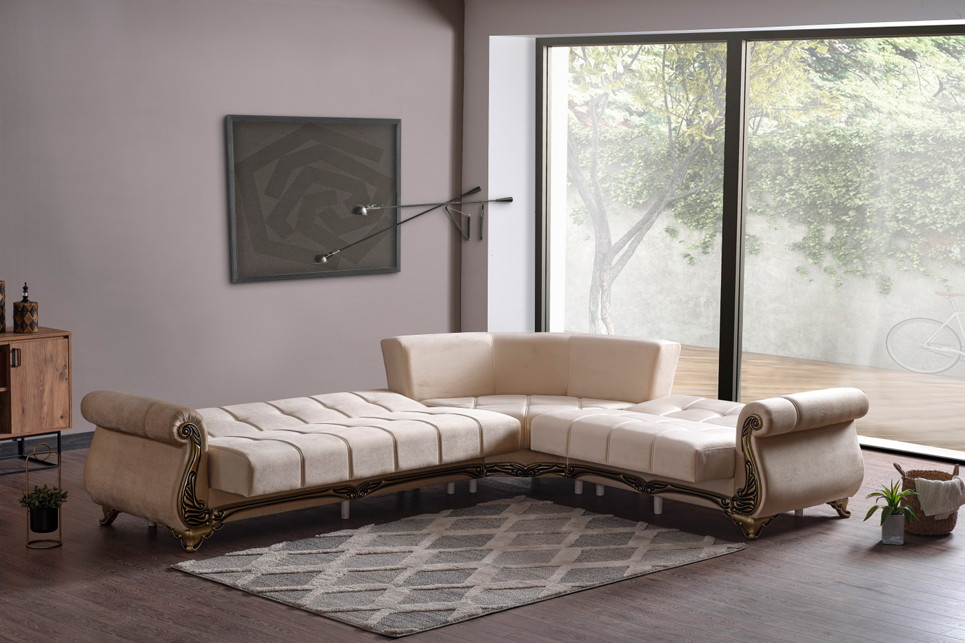 Furnia Karizma Modular Right Facing Sectional - Beige, Fabric