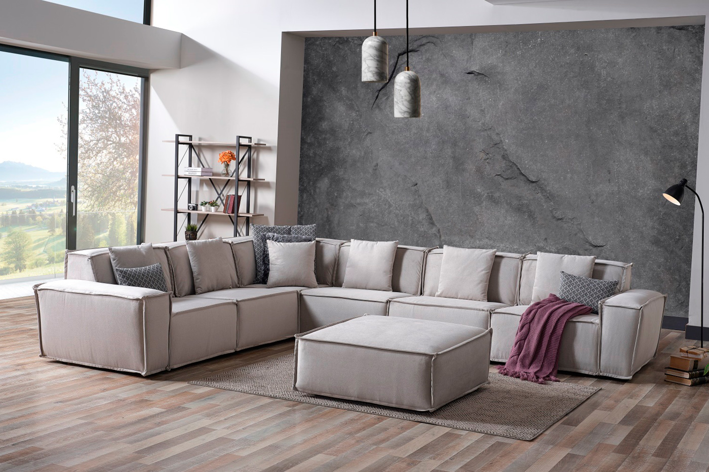 Furnia Padova Modular Sectional with Ottoman - Cream, Fabric