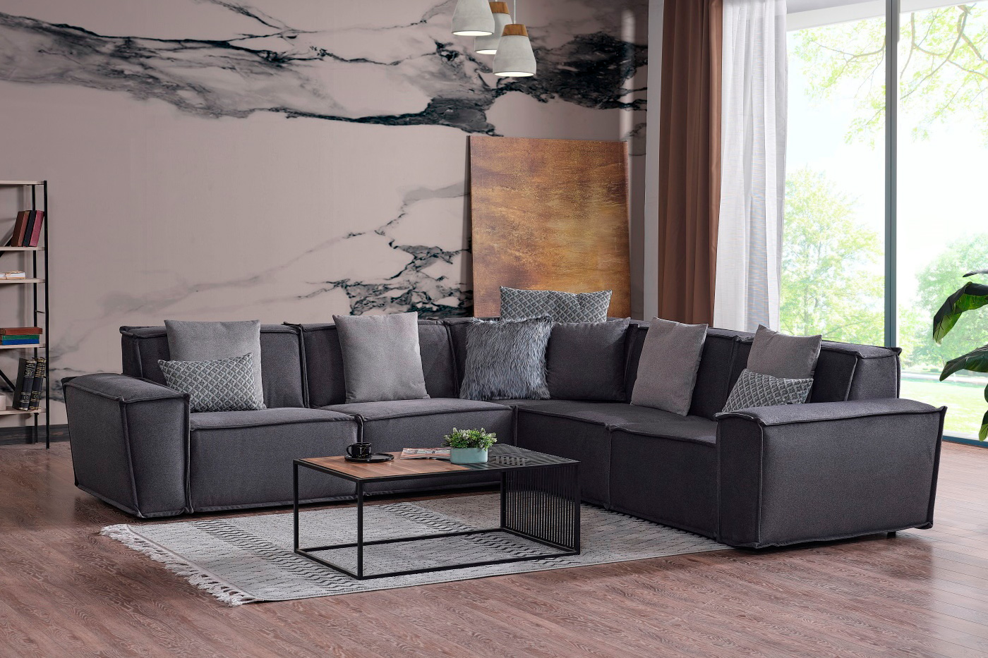 Furnia Padova Modular Sectional with Ottoman - Gray, Fabric